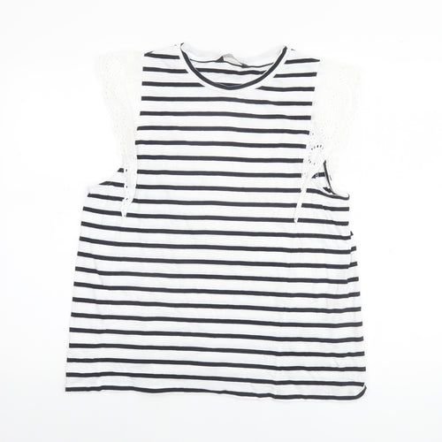 F&F Women’s White Black Striped Crochet Sleeve Cotton T-Shirt UK 16