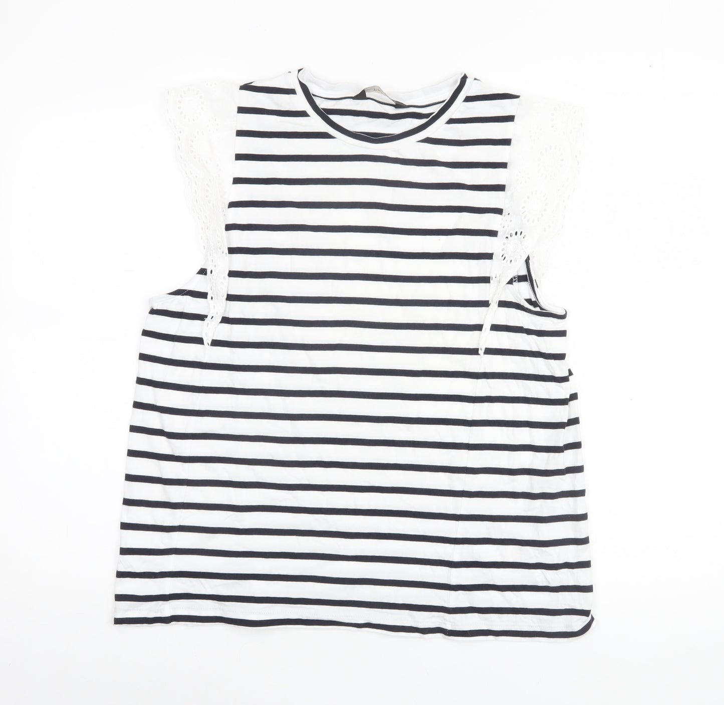 F&F Women’s White Black Striped Crochet Sleeve Cotton T-Shirt UK 16
