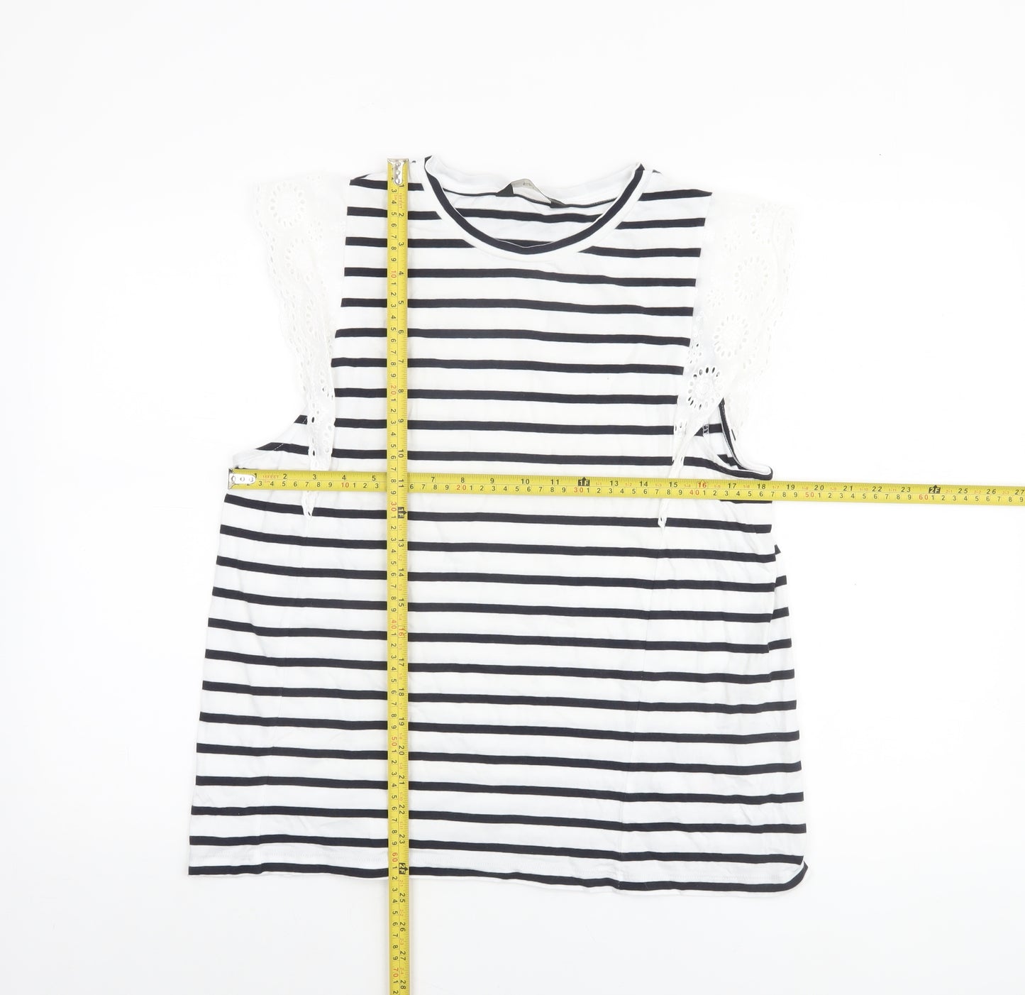 F&F Women’s White Black Striped Crochet Sleeve Cotton T-Shirt UK 16