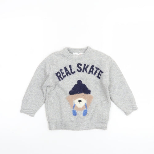 Zara Boys Grey Bear Knit Pullover Jumper 2 Years Real Skate Design