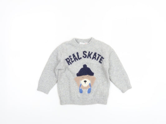 Zara Boys Grey Bear Knit Pullover Jumper 2 Years Real Skate Design