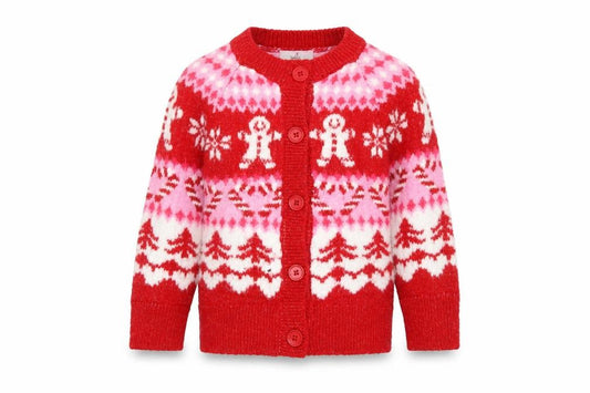 Front view of Nutmeg girls’ red christmas gingerbread cardigan 1-11⁄2 years acrylic blend