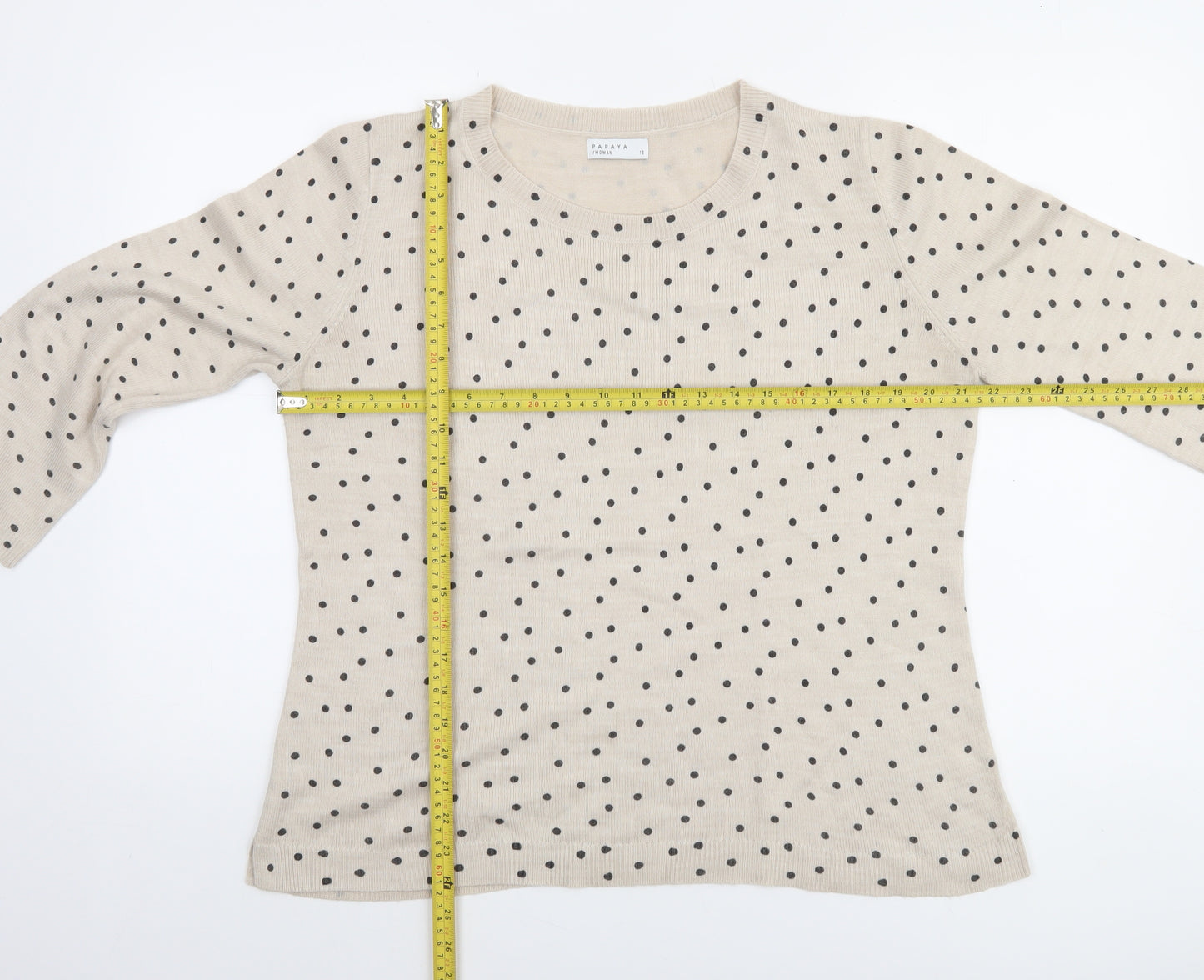 Papaya Women Beige Polka Dot Acrylic 3/4 Sleeve Jumper Size 12