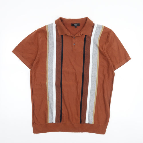 Next Men’s Brown Striped Cotton Knit Short Sleeve Polo Jumper L