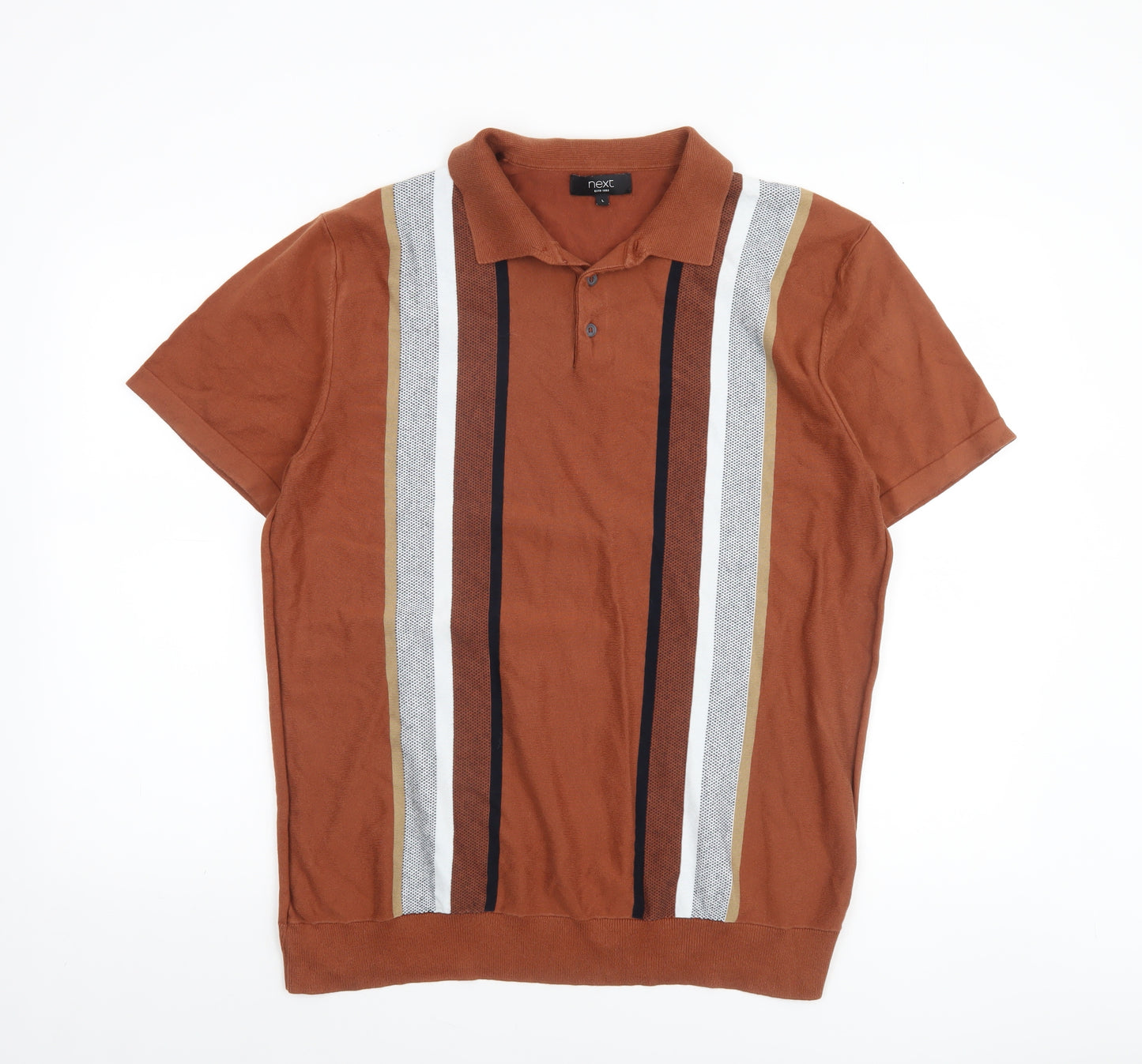 Next Men’s Brown Striped Cotton Knit Short Sleeve Polo Jumper L