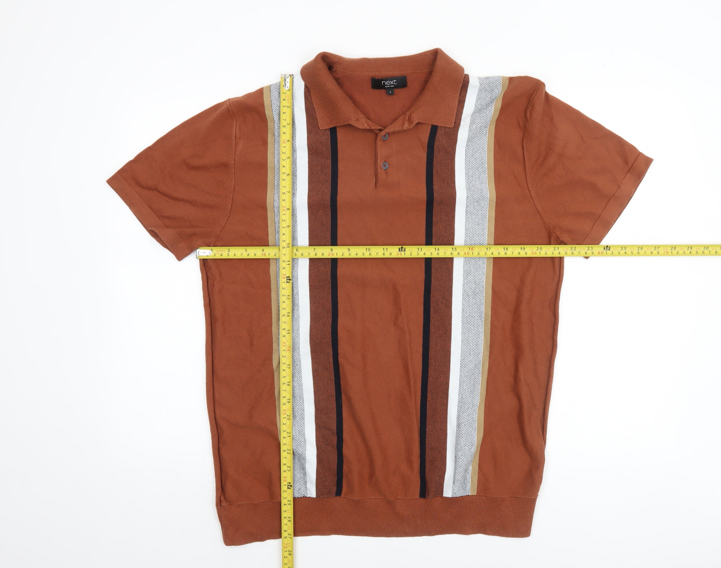 Next Men’s Brown Striped Cotton Knit Short Sleeve Polo Jumper L