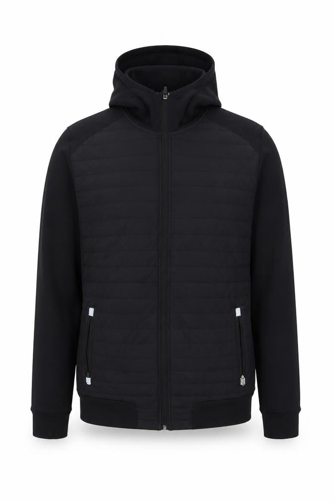 Front view of Dunnes men’s black l hooded softshell activewear jacket
