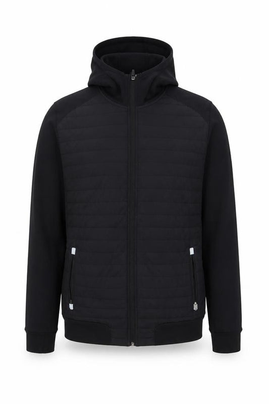 Front view of Dunnes men’s black l hooded softshell activewear jacket
