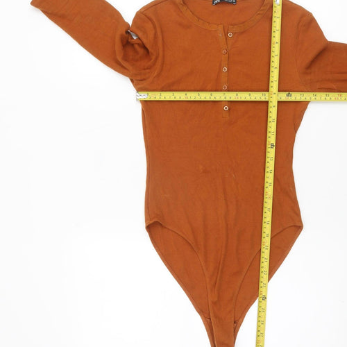 Zara Women Brown Long Sleeve Ribbed Bodysuit Size S
