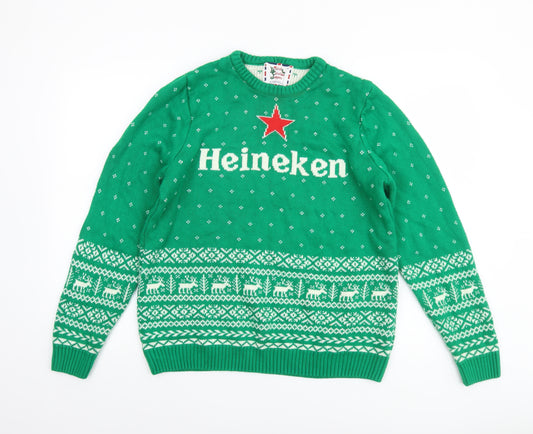 British Christmas Jumpers Men's Green Heineken Fair Isle Christmas Sweater M
