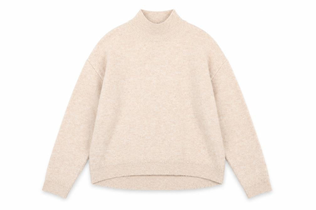 Front view of FatFace Women's Beige Mock Neck Jumper, size 8, Regular Knit