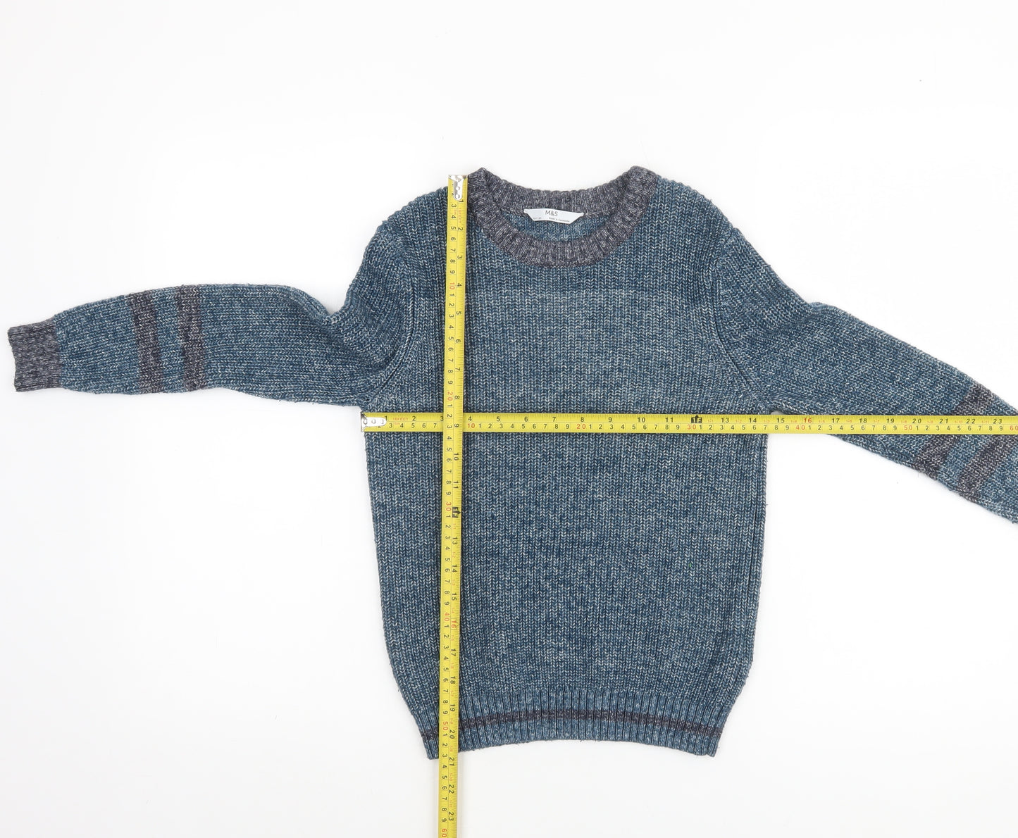Marks and Spencer Boys Blue Cotton Blend Crew Neck Jumper 10-11 Years