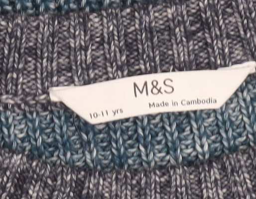Marks and Spencer Boys Blue Cotton Blend Crew Neck Jumper 10-11 Years