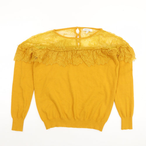 Wild Flower Women's Yellow Lace Trim Crew Neck Jumper Size M