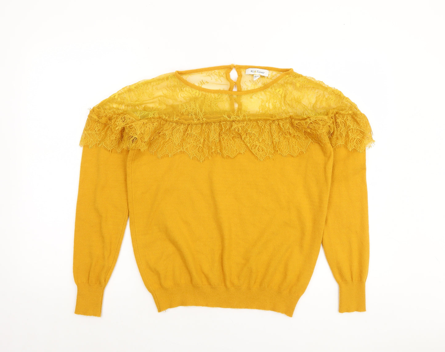 Wild Flower Women's Yellow Lace Trim Crew Neck Jumper Size M