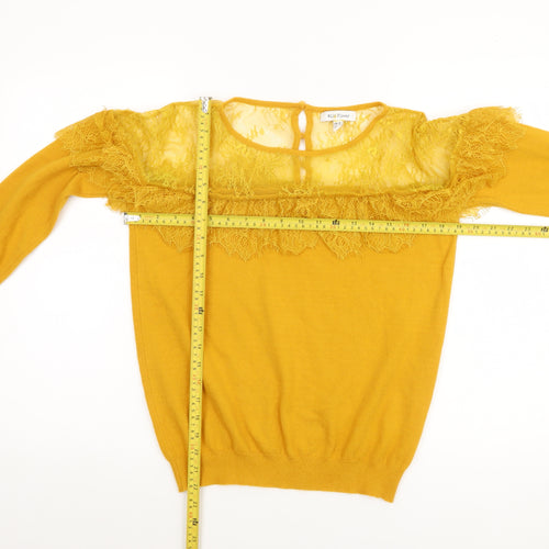 Wild Flower Women's Yellow Lace Trim Crew Neck Jumper Size M