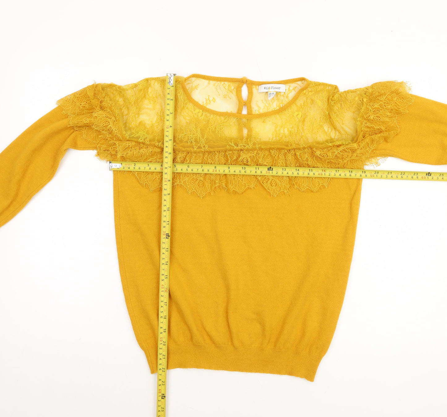 Wild Flower Women's Yellow Lace Trim Crew Neck Jumper Size M