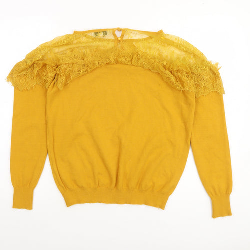 Wild Flower Women's Yellow Lace Trim Crew Neck Jumper Size M