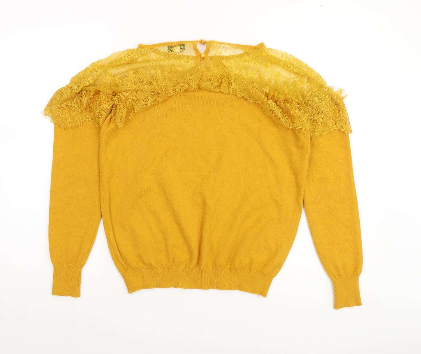 Wild Flower Women's Yellow Lace Trim Crew Neck Jumper Size M