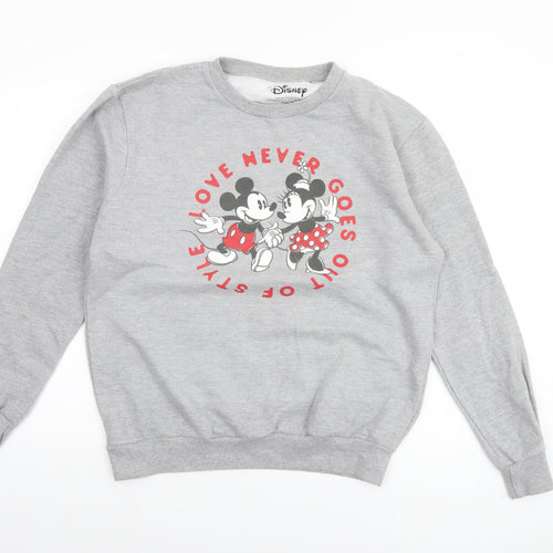 Disney Women Grey Mickey & Minnie Graphic Crew Neck Sweatshirt Size M
