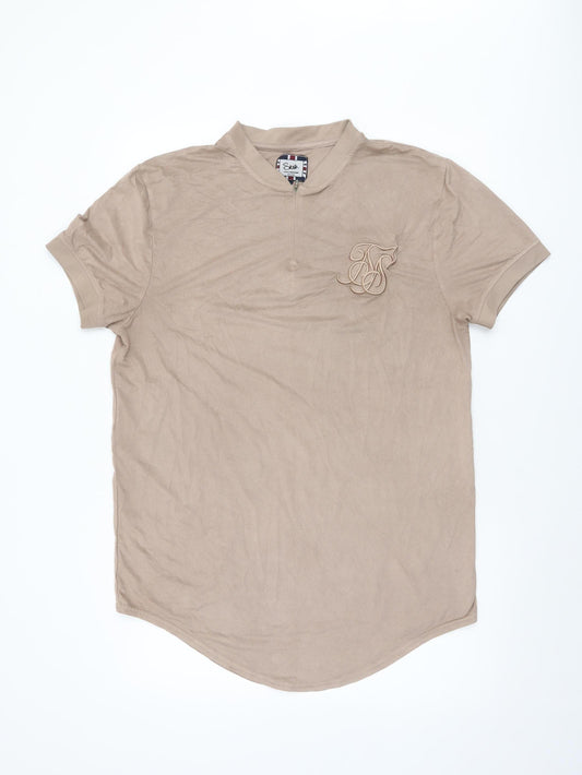 SikSilk Men’s Beige High Neck Slim Fit 1/2 Zip T-Shirt Size L