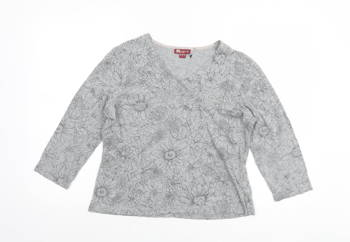 Monsoon Women’s Grey Floral Cotton V-Neck 3/4 Sleeve Jumper Size 16