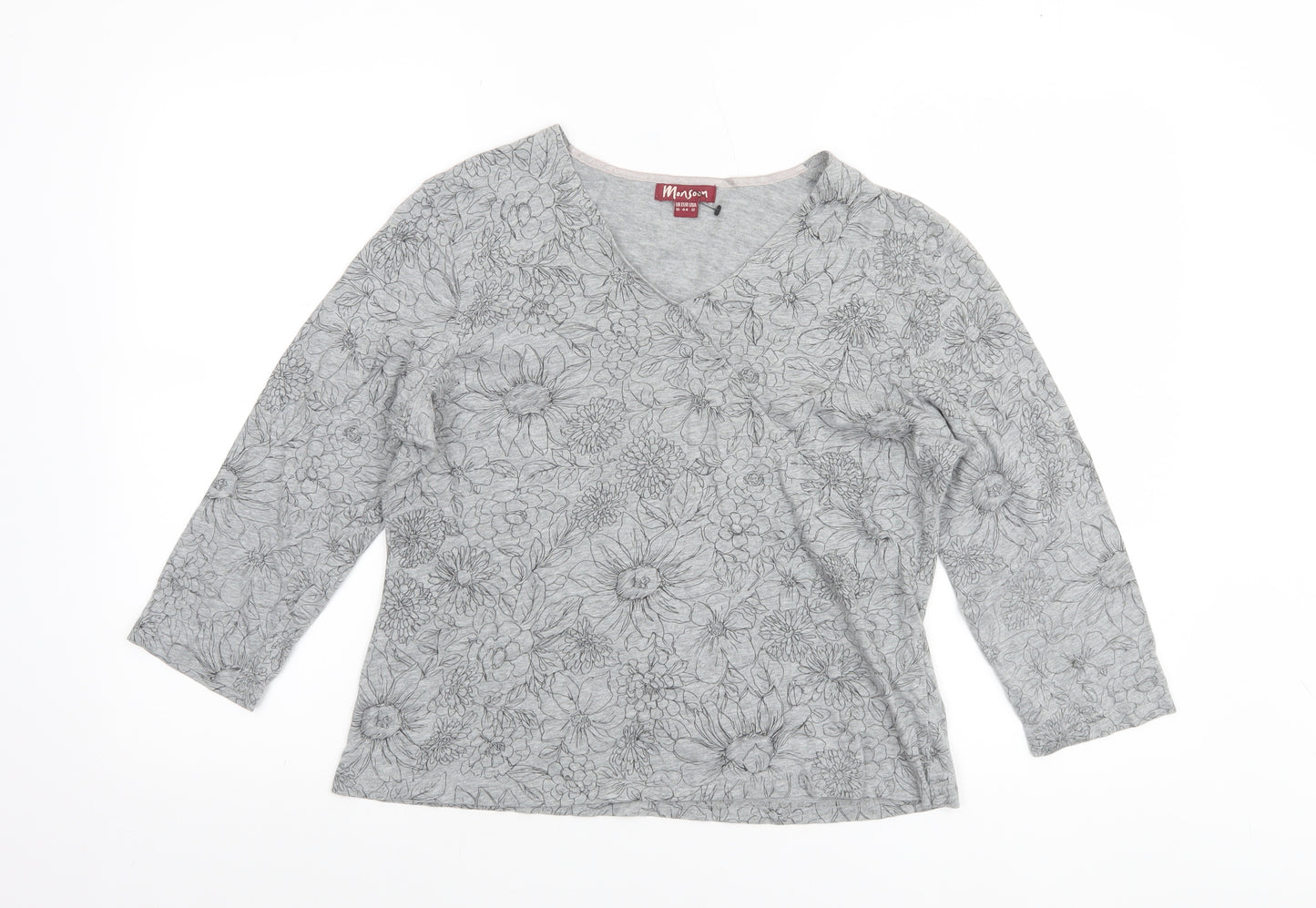 Monsoon Women’s Grey Floral Cotton V-Neck 3/4 Sleeve Jumper Size 16