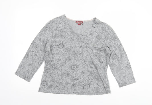 Monsoon Women’s Grey Floral Cotton V-Neck 3/4 Sleeve Jumper Size 16