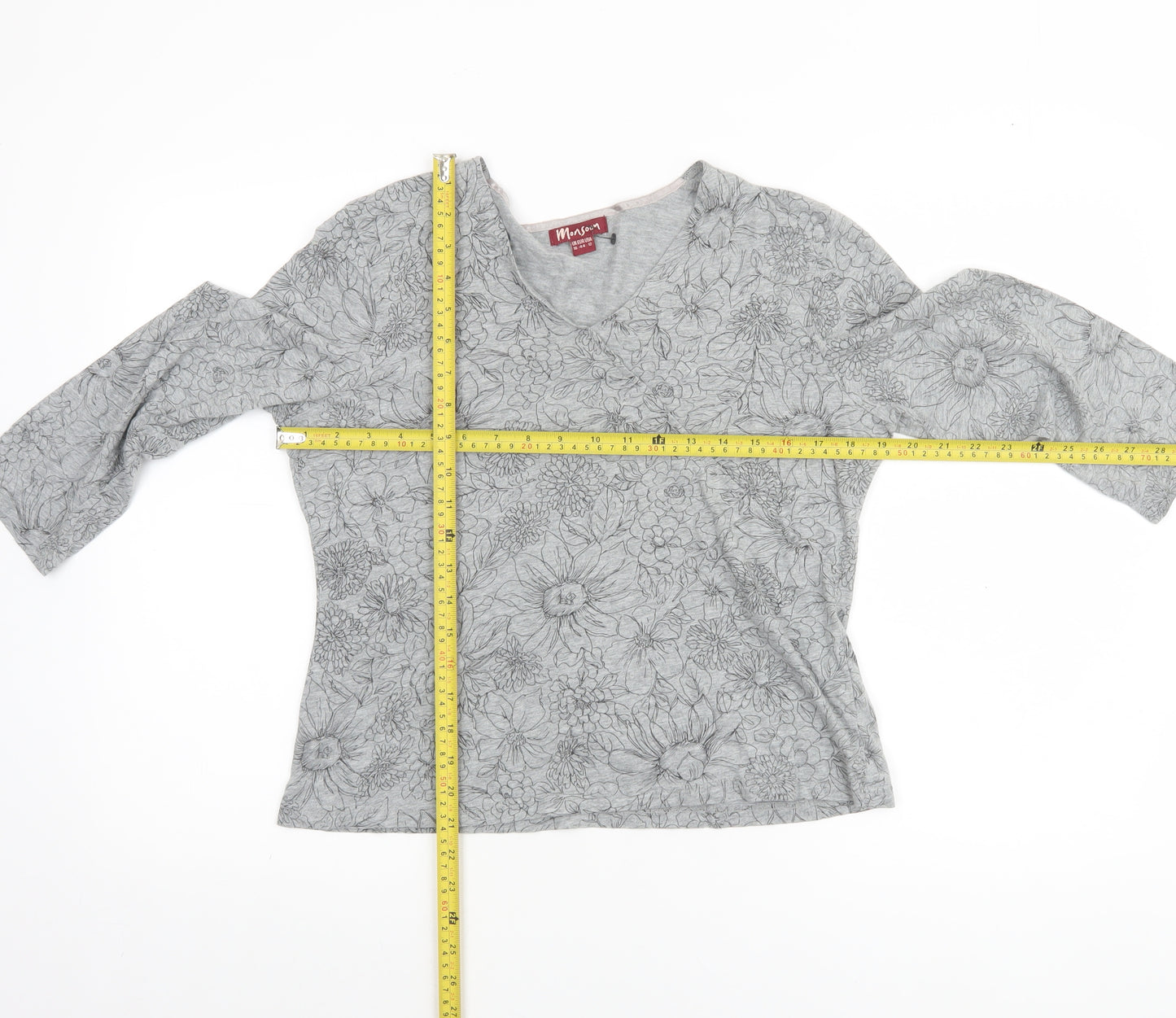 Monsoon Women’s Grey Floral Cotton V-Neck 3/4 Sleeve Jumper Size 16