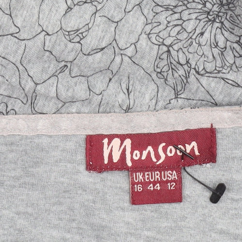 Monsoon Women’s Grey Floral Cotton V-Neck 3/4 Sleeve Jumper Size 16