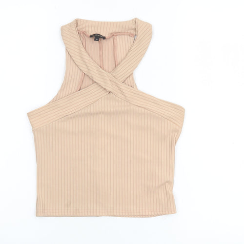 River Island Women’s Beige Ribbed Cropped Halter Tank Top Size 10
