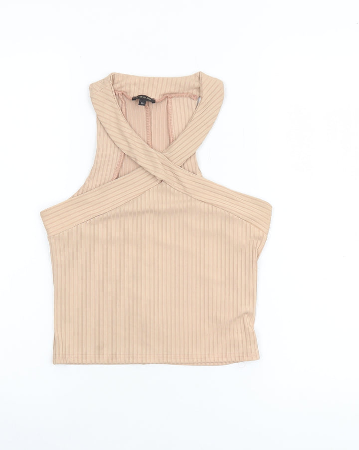 River Island Women’s Beige Ribbed Cropped Halter Tank Top Size 10