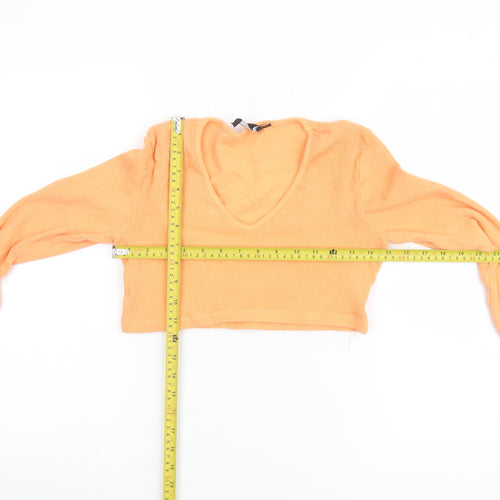 PrettyLittleThing Women Orange Cropped V-Neck Long Sleeve Top UK 10
