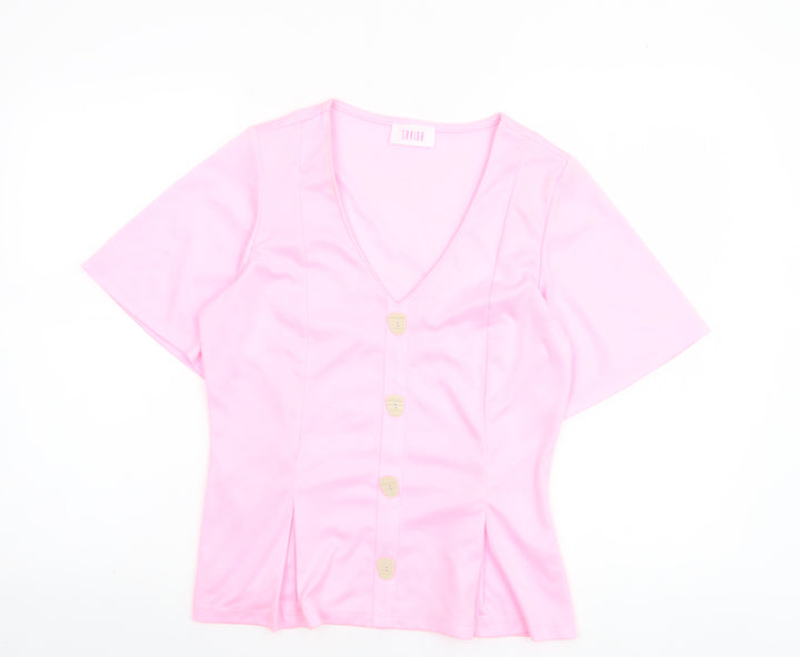 Savida Women Pink Short Sleeve V-Neck Button Blouse Size 10
