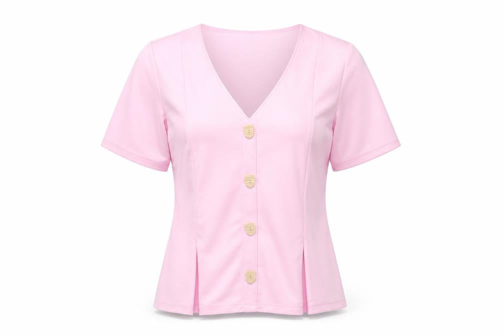 Front view of Savida Women Pink Short Sleeve V-Neck Button Blouse, size 10