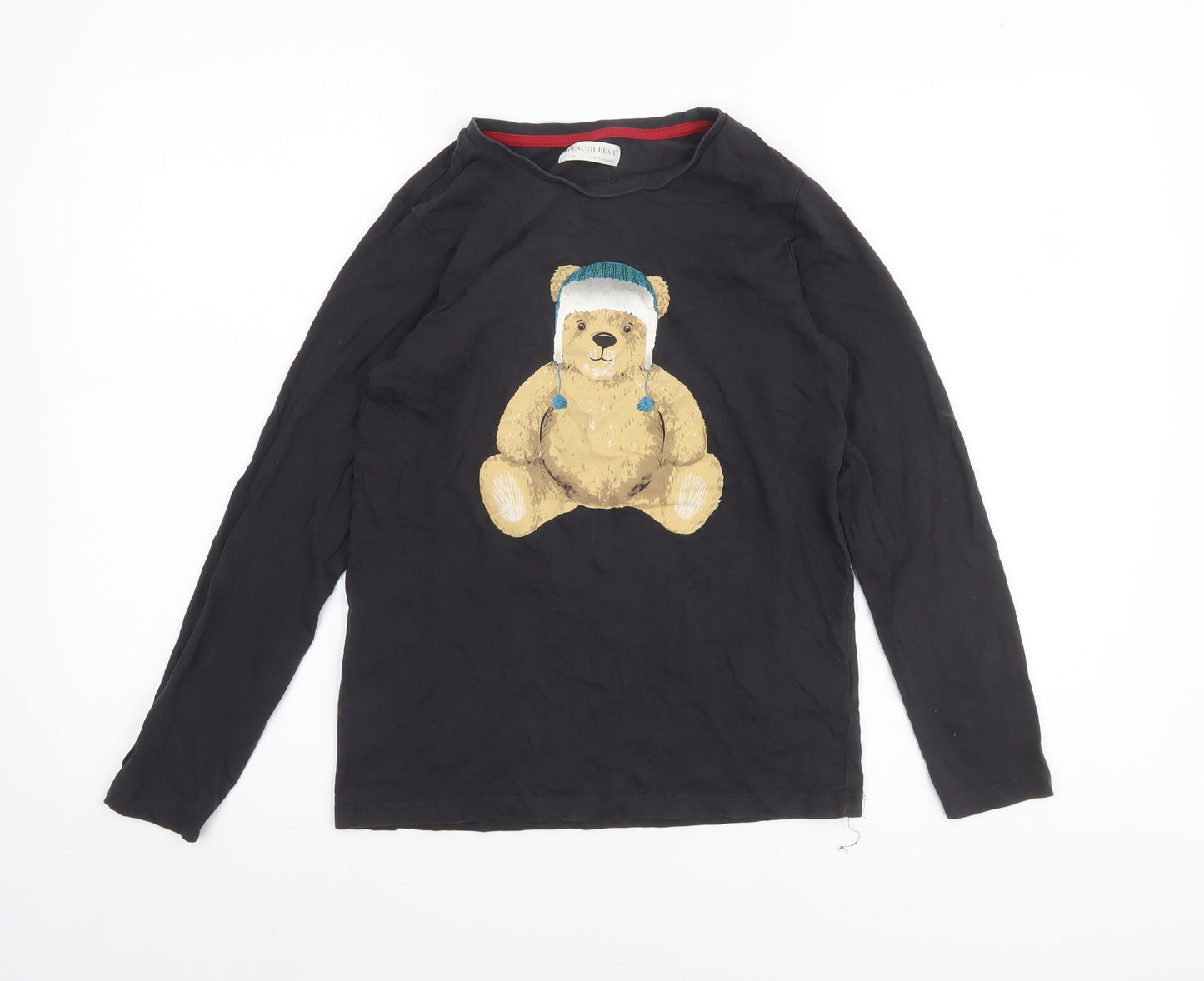 Marks and Spencer Boys Black Long Sleeve Bear Graphic Cotton T-Shirt 11-12 Years