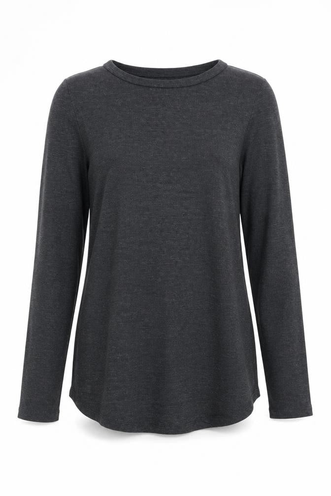 Front view of H&M women’s grey long sleeve basic jersey t-shirt, size L