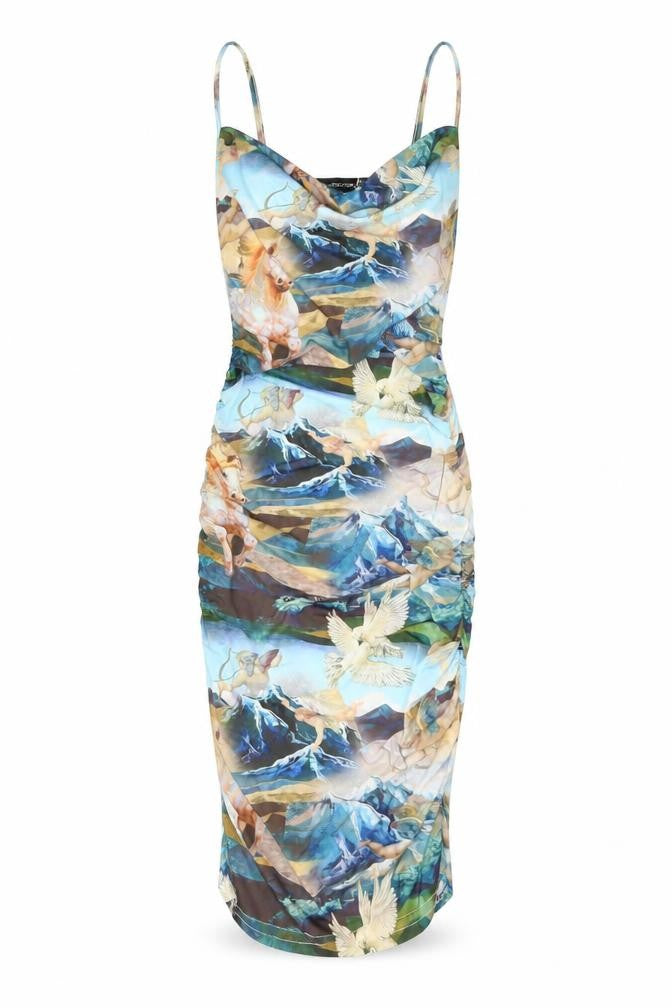 Front view of PRETTYLITTLETHING women’s multicoloured, size UK 6, ruched bodycon dress