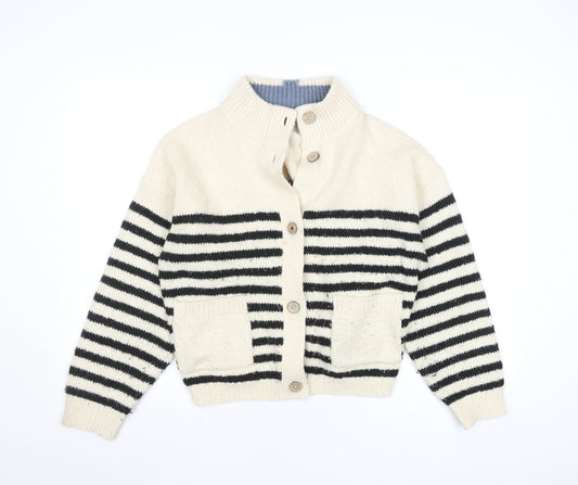 White Stuff Women’s Ivory Black Striped Wool Cardigan UK 16