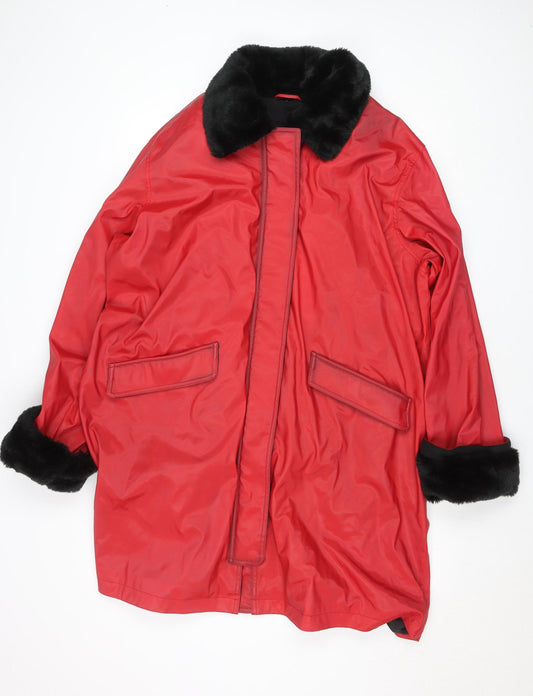Dennis Basso Women's Red Faux Fur Trim Mid-Length Coat XL