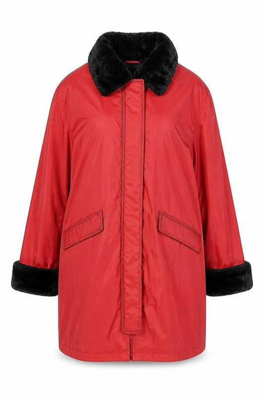 Front view of Dennis Basso Women's Red Faux Fur Trim Mid-Length Coat XL