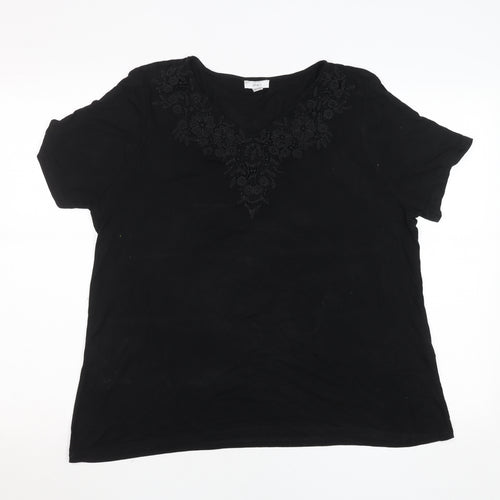 Spirit Womens Black Embroidered Cotton V-Neck T-Shirt Size 18