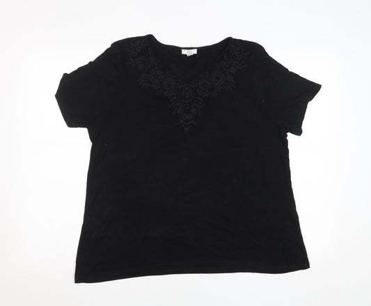 Spirit Womens Black Embroidered Cotton V-Neck T-Shirt Size 18