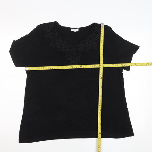 Spirit Womens Black Embroidered Cotton V-Neck T-Shirt Size 18