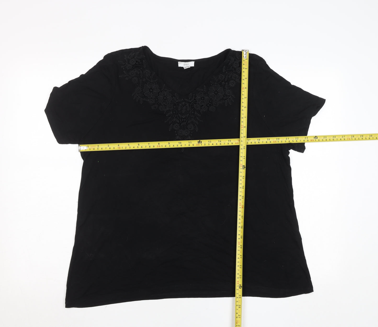 Spirit Womens Black Embroidered Cotton V-Neck T-Shirt Size 18