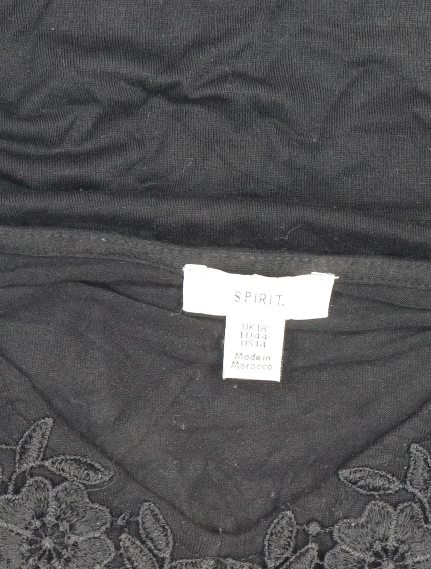 Spirit Womens Black Embroidered Cotton V-Neck T-Shirt Size 18