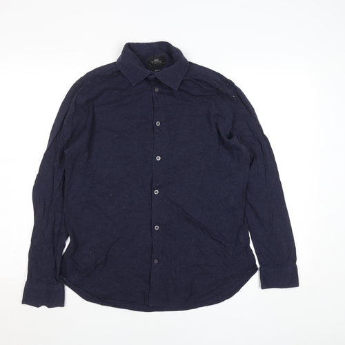 Moss London Men's Blue Slim Fit Long Sleeve Cotton Button-Up Shirt 15”
