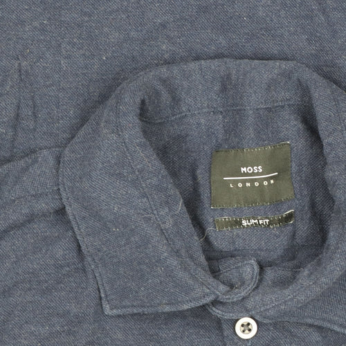 Moss London Men's Blue Slim Fit Long Sleeve Cotton Button-Up Shirt 15”