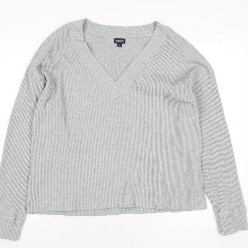 GapBody Women’s Grey V-Neck Rib Knit Pullover Jumper Size L