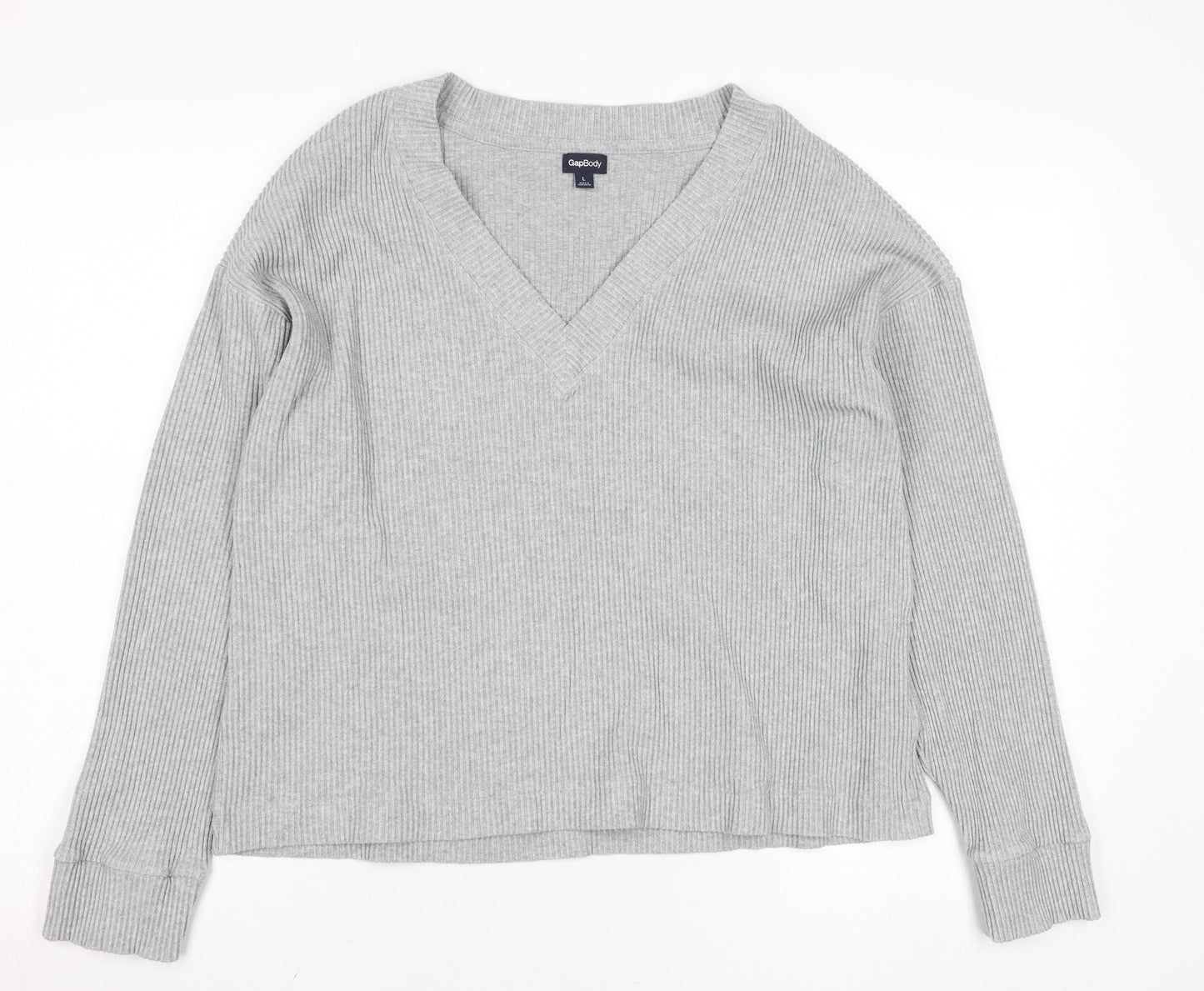 GapBody Women’s Grey V-Neck Rib Knit Pullover Jumper Size L